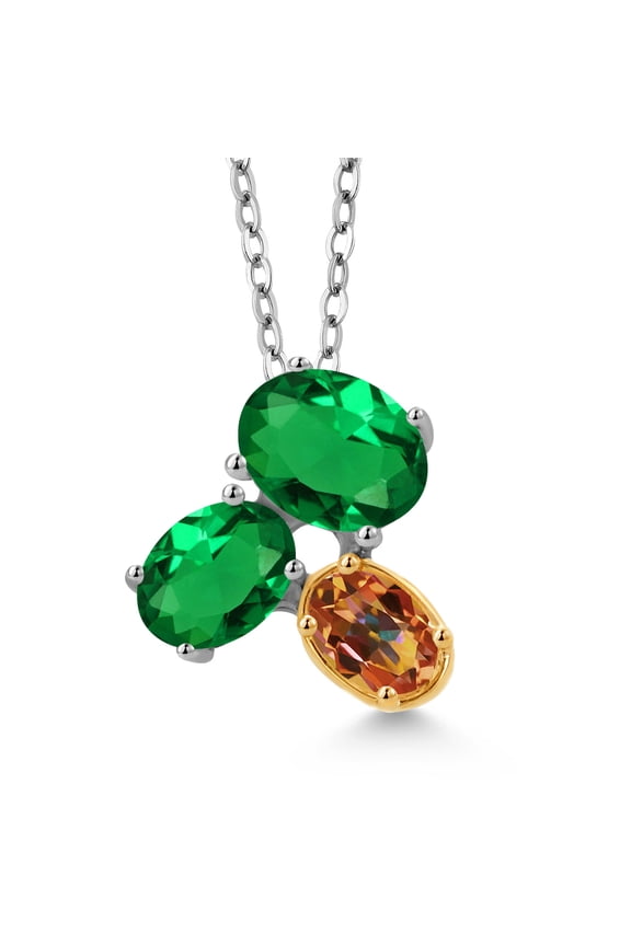 925 Silver and 10K Yellow Gold Green Nano Emerald and Ecstasy Mystic Topaz Pendant Necklace for Women (1.85 Cttw, Oval 8X6MM, 7X5MM and 6X4MM, Gemstone May Birthstone, with 18 inch Chain)