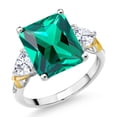 thumbnail image 1 of Gem Stone King 6.44 Cttw Green Nano Emerald Moissanite and Diamond 3-Stone Ring for Women | 925 Silver and 10K Yellow Gold | Gemstone Birthstone | Emerald Cut 12X10MM | Size 5, 6, 7, 8, 9 | Size 9, 1 of 6