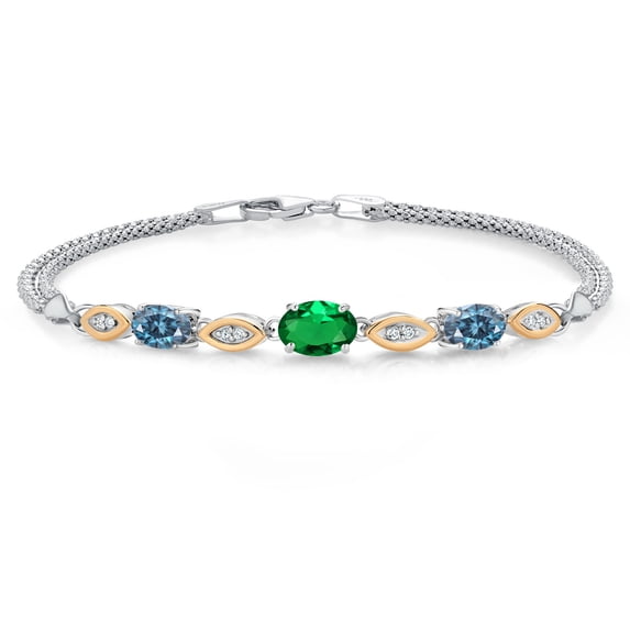 925 Silver and 10K Yellow Gold Green Nano Emerald and Persian Blue Moissanite and White Lab Grown Diamond Bracelet for Women (1.56 Cttw, Gemstone May Birthstone, Oval, Wheat Chain, 6.5 inches)