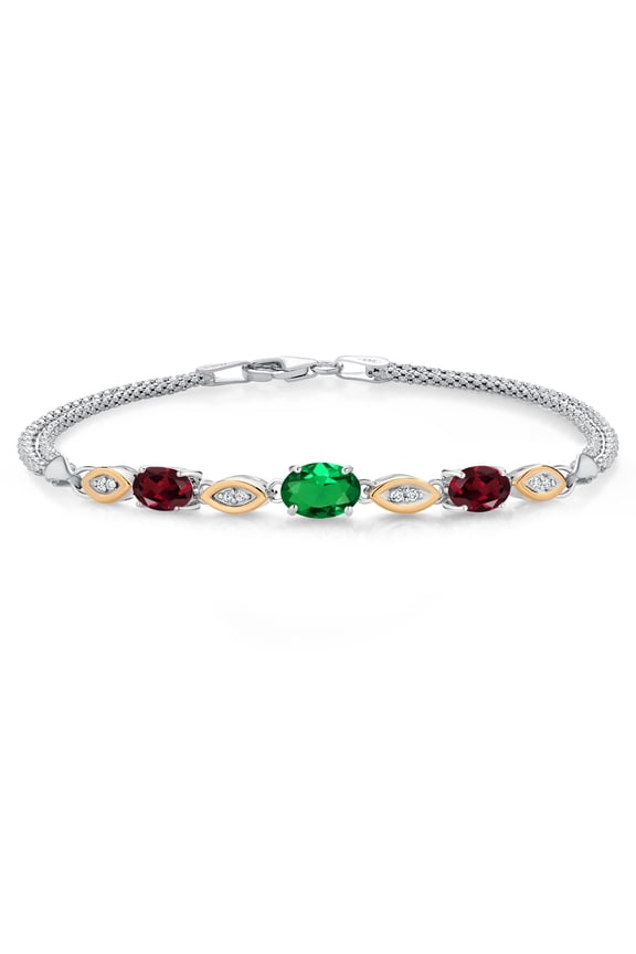 925 Silver and 10K Yellow Gold Green Nano Emerald and Red Rhodolite Garnet and White Lab Grown Diamond Bracelet for Women (1.66 Cttw, Gemstone May Birthstone, Oval, Wheat Chain, 7.5 inches)