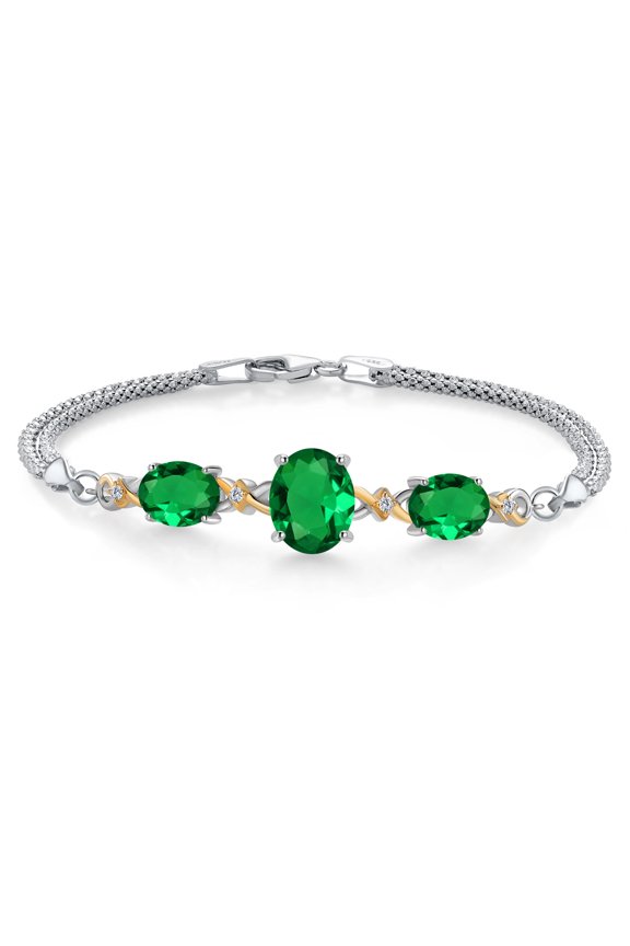 925 Silver and 10K Yellow Gold Green Nano Emerald and White Lab Grown Diamond Bracelet for Women (3.56 Cttw, Gemstone May Birthstone, Oval 10X8MM and 8X6MM, 6.5/7/7.5 inch, Made in Italy)