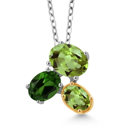 925 Silver and 10K Yellow Gold Green Peridot and Green Chrome Diopside Pendant Necklace for Women (2.62 Cttw, Oval 8X6MM, 7X5MM and 6X4MM, Gemstone August Birthstone, with 18 inch Chain)