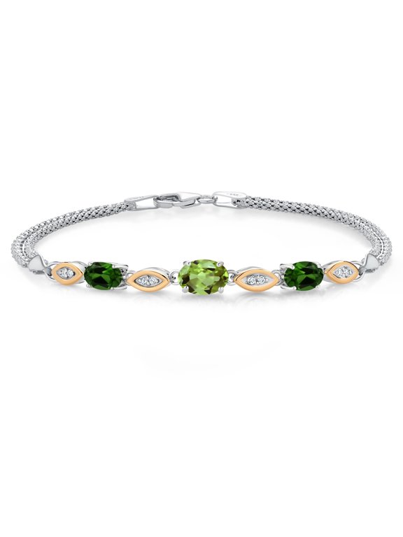 925 Silver and 10K Yellow Gold Green Peridot and Green Chrome Diopside and White Lab Grown Diamond Bracelet for Women (2.06 Cttw, Gemstone August Birthstone, Oval, Wheat Chain, 6.5 inches)