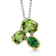 925 Silver and 10K Yellow Gold Green Peridot and Green Created Emerald Pendant Necklace for Women 2.67 Cttw, Oval 8X6MM, 7X5MM and 6X4MM, Gemstone August Birthstone, with 18 inch Chain