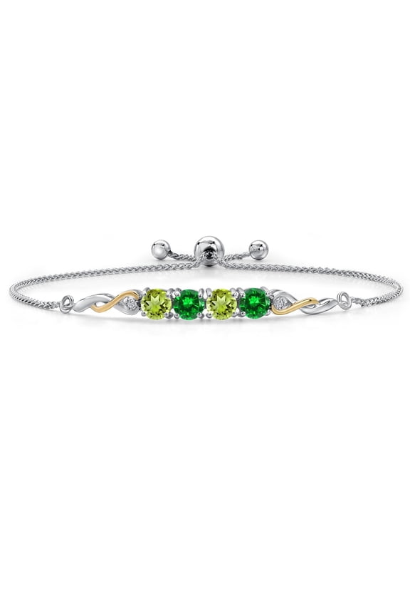 925 Silver and 10K Yellow Gold Green Peridot and Green Created Emerald and White Lab Grown Diamond Bracelet for Women | 2.80 Cttw | Gemstone August Birthstone | Round 5MM | Fully Adjustable 9 inch