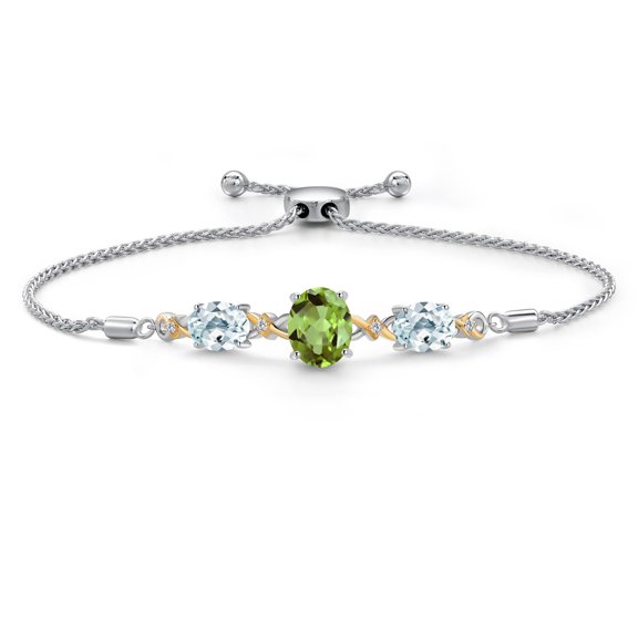 925 Silver & 10K Yellow Gold Green Peridot Sky Blue Aquamarine & Lab Grown Diamond Bracelet for Women | 5.26 Cttw | Gemstone August Birthstone | Oval 10X8MM and 8X6MM | Fully Adjustable 9 inch