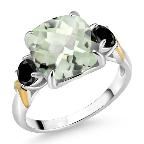 Gem Stone King 925 Silver and 10K Yellow Gold Green Prasiolite and Black Diamond 3 Stone Ring for Women (4.29 Cttw, Gemstone Birthstone, Cushion Checkerboard 10MM, Round 4MM, Size 5)