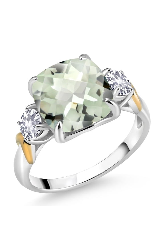 925 Silver and 10K Yellow Gold Green Prasiolite and Created Sapphire 3 Stone Ring for Women (4.25 Cttw, Gemstone Birthstone, Cushion Checkerboard 10MM, Round 4MM, Size 8)