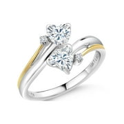 GEM STONE KING 925 Silver and 10K Yellow Gold Heart Shape White Moissanite and White Lab Grown Diamond Two Tone 2 Heart Promise Couple Women Engagement Mother Ring (0.86 Cttw, Available in Size 5, 6, 7, 8, 9)