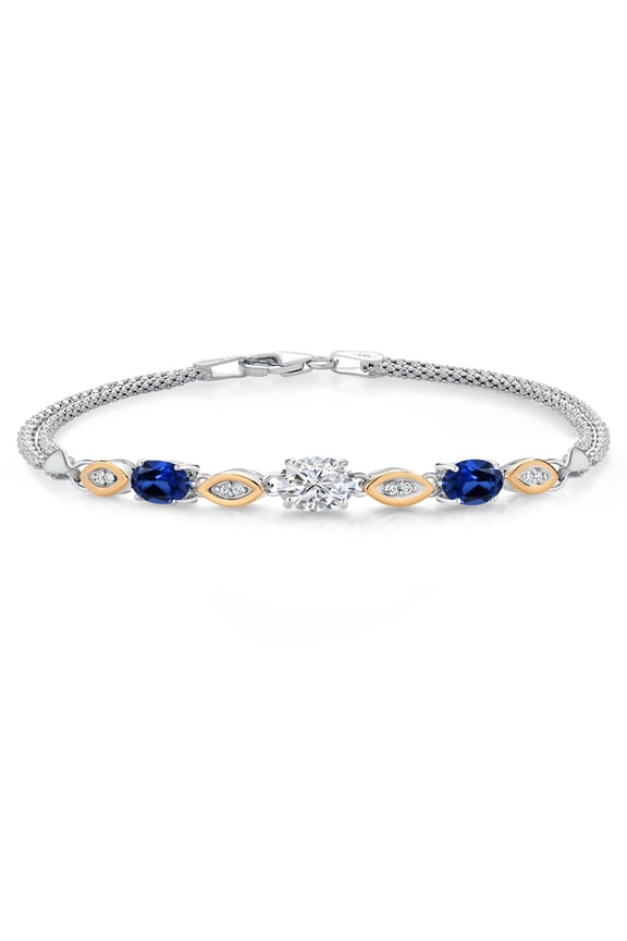 925 Silver and 10K Yellow Gold Lab Grown Diamond and Blue Created Sapphire Bracelet for Women | 1.98 Cttw | Center Diamond 0.70 Ct | DEF Color | VVS-VS Clarity | Wheat Chain | 7.5 inches