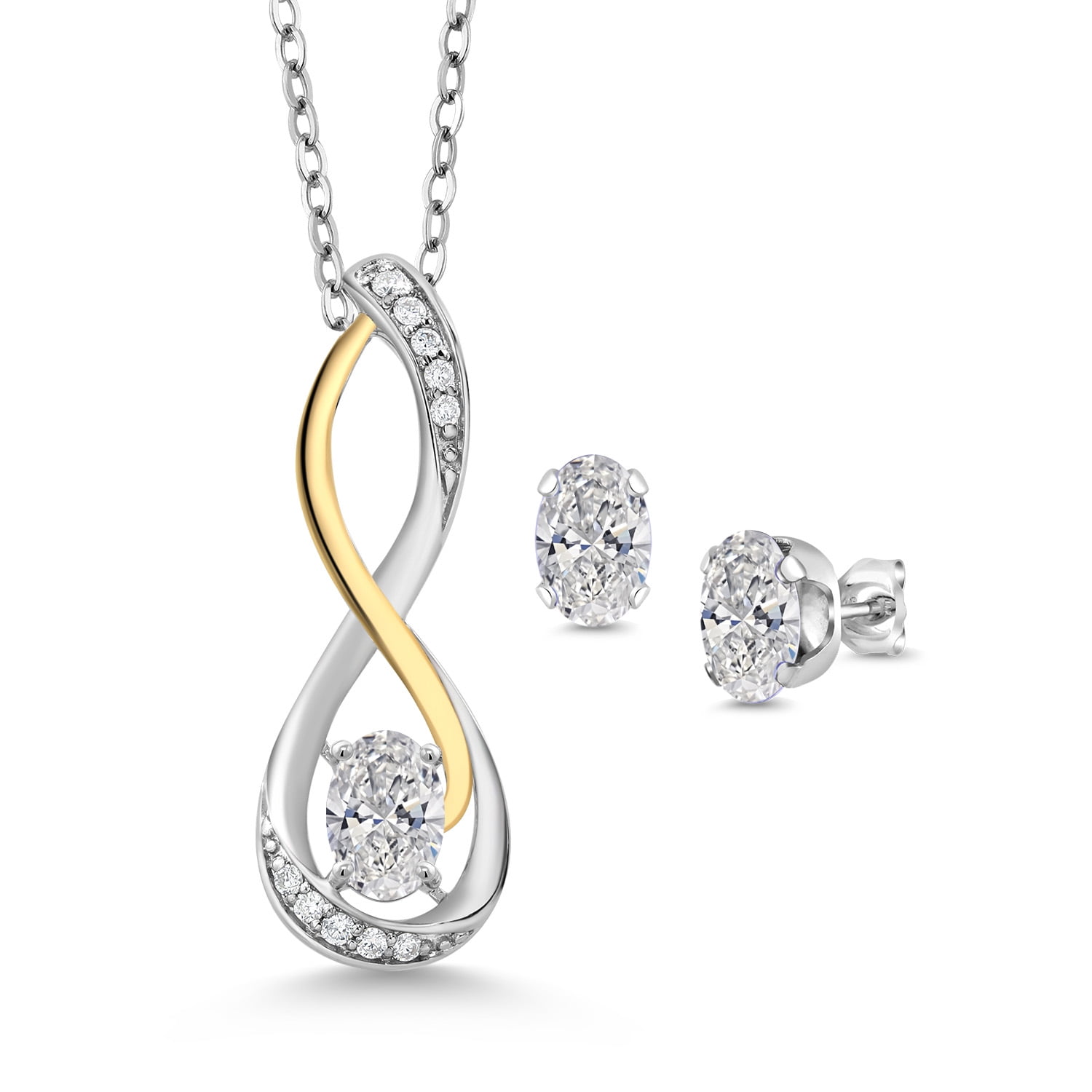 GEM STONE KING 925 Silver and 10K Yellow Gold Lab Grown Diamond and White Lab Grown Diamond Pendant Earrings Jewelry Set for Women | 1.27 Cttw | Gemstone April Birthstone | Oval 6X4MM | with 18 inch Chain