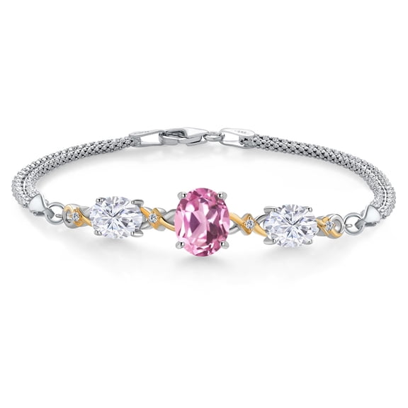 925 Silver and 10K Yellow Gold Light Pink Created Sapphire and Moissanite and Lab Grown Diamond Bracelet for Women (6.06 Cttw, September Birthstone, 10X8MM and 8X6MM, 6.5/7/7.5 inch, Made in Italy)