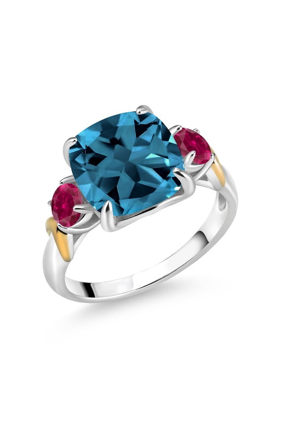 925 Silver and 10K Yellow Gold London Blue Topaz and Red Created Ruby 3 Stone Ring for Women (5.70 Cttw, Gemstone November Birthstone, Cushion 10MM, Round 4MM, Size 5)