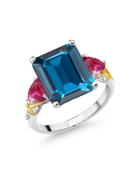 925 Silver and 10K Yellow Gold London Blue Topaz Red Created Ruby and Diamond 3 Stone Ring for Women (8.38 Cttw, Gemstone November Birthstone, Emerald Cut 12X10MM, Size 7)