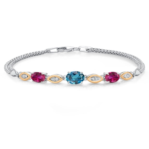 925 Silver and 10K Yellow Gold London Blue Topaz and Red Created Ruby and White Lab Grown Diamond Bracelet for Women (2.06 Cttw, Gemstone November Birthstone, Oval, Wheat Chain, 6.5 inches)