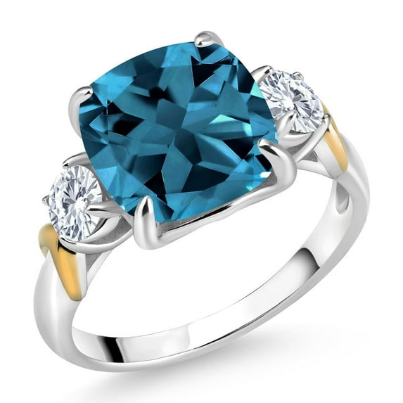Gem Stone King 925 Silver and 10K Yellow Gold London Blue Topaz and White Lab Grown Diamond 3 Stone Ring for Women (5.74 Cttw, Gemstone November Birthstone, Cushion 10MM, Round 4MM, Size 5)