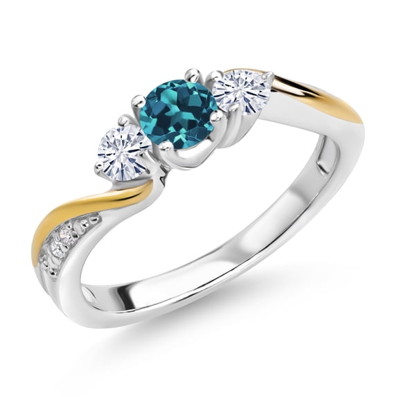 Gem Stone King 925 Silver and 10K Yellow Gold London Blue Topaz White Moissanite and White Lab Grown Diamond 3 Stone Engagement Ring for Women (0.56 Cttw, November Birthstone, Size 7)