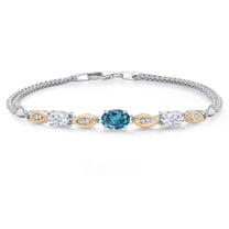 925 Silver and 10K Yellow Gold London Blue Topaz and White Moissanite and White Lab Grown Diamond Bracelet for Women (2.06 Cttw, Gemstone November Birthstone, Oval, Wheat Chain, 6.5 inches)