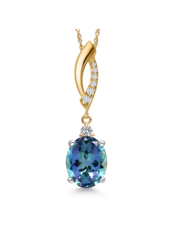 925 Silver and 10K Yellow Gold Millennium Blue Mystic Topaz and Lab Grown Diamond Pendant Necklace for Women | 3.13 Cttw | Gemstone November Birthstone | Oval 10X8MM | With 18 inch Chain