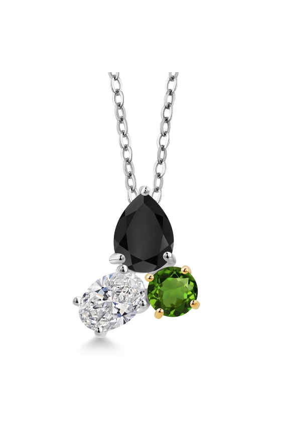 925 Silver and 10K Yellow Gold Onyx and Lab Grown Diamond and Green Chrome Diopside 3 Stone Pendant Necklace for Women | 2.29 Cttw | Pear Shape 8X6MM | Oval 7X5MM | Round 5MM | with 18 inch Chain