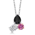 thumbnail image 1 of 925 Silver and 10K Yellow Gold Onyx and Lab Grown Diamond and Pink Moissanite 3 Stone Pendant Necklace for Women | 2.29 Cttw | Pear Shape 8X6MM | Oval 7X5MM | Round 5MM | with 18 inch Chain, 1 of 4