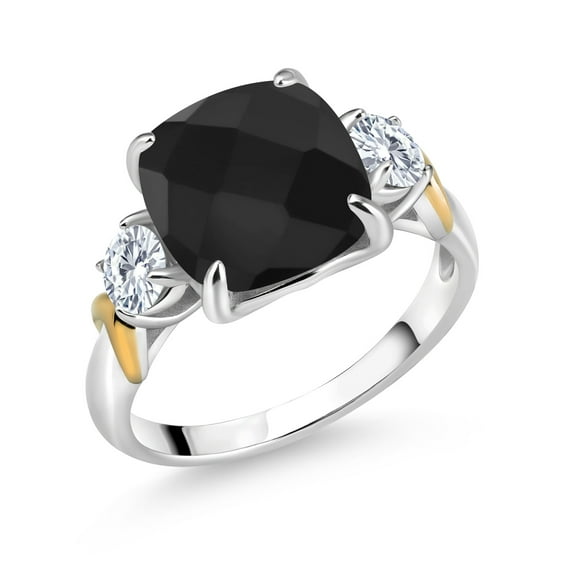 Gem Stone King 925 Silver and 10K Yellow Gold Onyx and White Lab Grown Diamond 3 Stone Ring for Women (4.34 Cttw, Gemstone December Birthstone, Cushion Checkerboard 10MM, Round 4MM, Size 8)