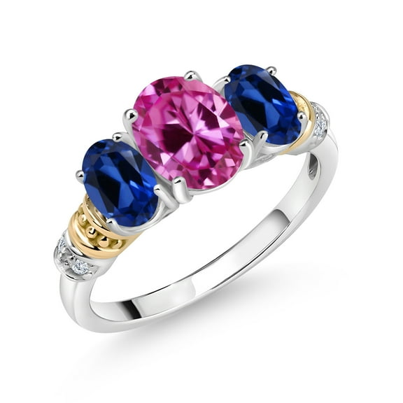 Gem Stone King 925 Silver and 10K Yellow Gold Oval Pink Created Sapphire Blue Created Sapphire and Diamond 3 Stone Ring for Women (2.88 Cttw, Gemstone September Birthstone, Size 8)