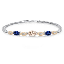 925 Silver and 10K Yellow Gold Peach Morganite and Blue Created Sapphire and White Lab Grown Diamond Bracelet for Women (1.91 Cttw, Gemstone October Birthstone, Oval, Wheat Chain, 7 inches)