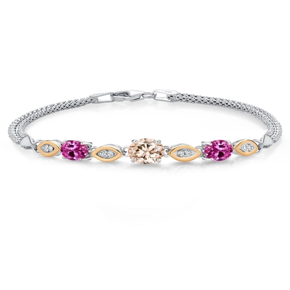 925 Silver and 10K Yellow Gold Peach Morganite and Pink Created Sapphire and White Lab Grown Diamond Bracelet for Women (1.71 Cttw, Gemstone October Birthstone, Oval, Wheat Chain, 7 inches)