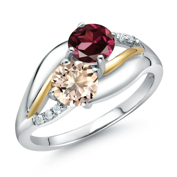 Gem Stone King 925 Silver and 10K Yellow Gold Peach Morganite Red Rhodolite Garnet and Lab Grown Diamond 2 Stone Engagement Ring for Women (1.04 Cttw, Round 5MM, October Birthstone, Size 8)