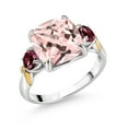 thumbnail image 1 of Gem Stone King 925 Silver and 10K Yellow Gold Peach Nano Morganite and Red Rhodolite Garnet 3 Stone Ring for Women (5.06 Cttw, Gemstone October Birthstone, Cushion 10MM, Round 4MM, Size 5), 1 of 3