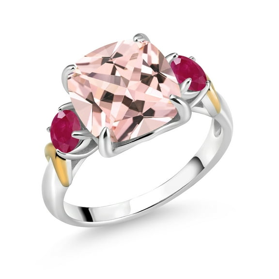 Gem Stone King 925 Silver and 10K Yellow Gold Peach Nano Morganite and Red Ruby 3 Stone Ring for Women (5.02 Cttw, Gemstone October Birthstone, Cushion 10MM, Round 4MM, Size 9)