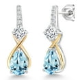 thumbnail image 1 of 925 Silver and 10K Yellow Gold Pear Shape Sky Blue Topaz and Moissanite and White Lab Grown Diamond Dangle Earrings for Women By Keren Hanan | 3.34 Cttw  Pear Shape 8X6MM | Gemstone Birthstone, 1 of 4