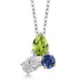 thumbnail image 1 of 925 Silver and 10K Yellow Gold Peridot and Lab Grown Diamond and Created Sapphire 3 Stone Pendant Necklace for Women | 2.39 Cttw | Pear Shape 8X6MM | Oval 7X5MM | Round 5MM | with 18 inch Chain, 1 of 4