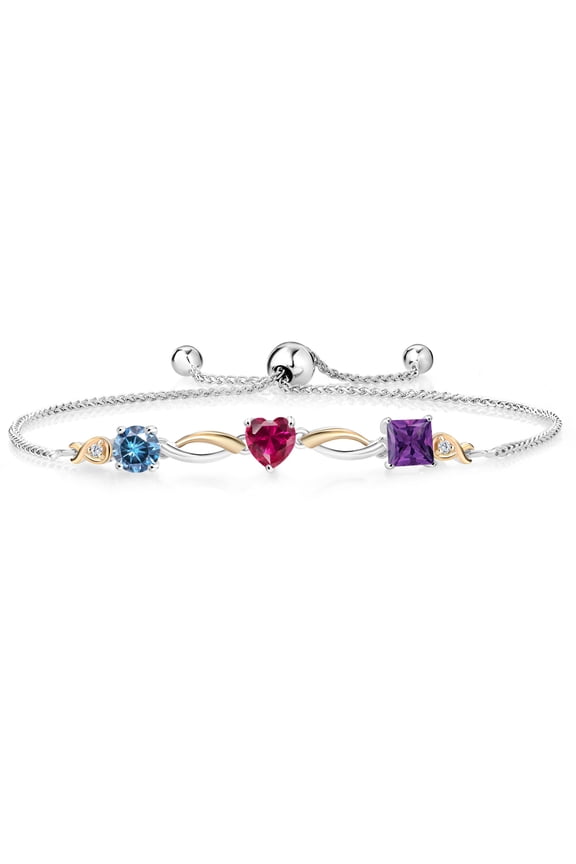 925 Silver and 10K Yellow Gold Persian Blue Moissanite Red Created Ruby Purple Amethyst and Lab Grown Diamond Tennis Bracelet for Women By Keren Hanan (2.11 cttw, Adjustable up To 9 inch)