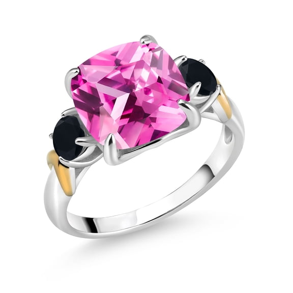 Gem Stone King 925 Silver and 10K Yellow Gold Pink Created Sapphire and Black Onyx 3 Stone Ring for Women (5.24 Cttw, Gemstone September Birthstone, Cushion 10MM, Round 4MM, Size 5)