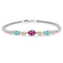 925 Silver and 10K Yellow Gold Pink Created Sapphire and Blue Apatite and White Lab Grown Diamond Bracelet for Women (2.00 Cttw, Gemstone September Birthstone, Oval, Wheat Chain, 7 inches)
