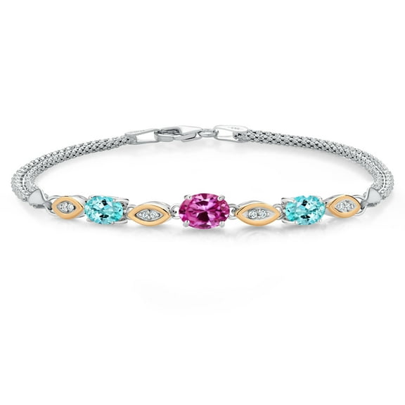 925 Silver and 10K Yellow Gold Pink Created Sapphire and Blue Apatite and White Lab Grown Diamond Bracelet for Women (2.00 Cttw, Gemstone September Birthstone, Oval, Wheat Chain, 7.5 inches)