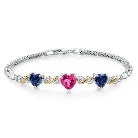 925 Silver and 10K Yellow Gold Pink Created Sapphire and Blue Created Sapphire and Lab Grown Diamond Bracelet for Women (3.08 Cttw, September Birthstone, Heart 6.5/7/7.5 inch, Made in Italy)