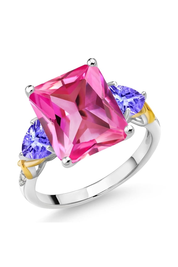 925 Silver and 10K Yellow Gold Pink Created Sapphire Blue Tanzanite and Diamond 3 Stone Ring for Women (7.42 Cttw, Gemstone September Birthstone, Emerald Cut 12X10MM, Size 8)