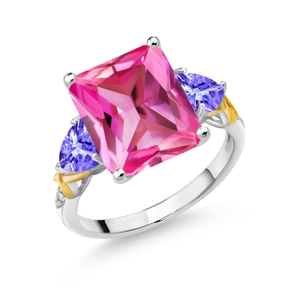 Gem Stone King 925 Silver and 10K Yellow Gold Pink Created Sapphire Blue Tanzanite and Diamond 3 Stone Ring for Women (7.42 Cttw, Gemstone September Birthstone, Emerald Cut 12X10MM, Size 9)