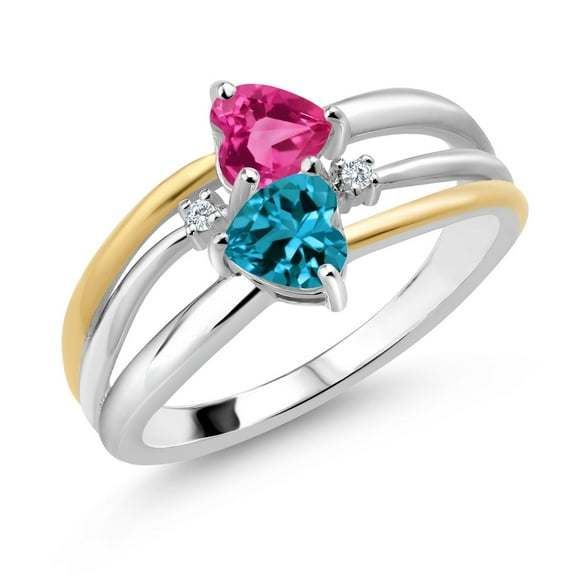 925 Silver and 10K Yellow Gold Pink Created Sapphire and London Blue Topaz and White Lab Grown Diamond Band Ring for Women (1.17 Cttw, Gemstone September Birthstone, Heart Shape 5MM, Size 7)