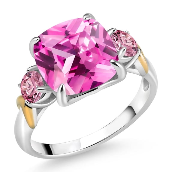 Gem Stone King 925 Silver and 10K Yellow Gold Pink Created Sapphire and Pink Lab Grown Diamond 3 Stone Ring for Women (5.30 Cttw, Gemstone Birthstone, Cushion 10MM, Round 4MM, Size 7)