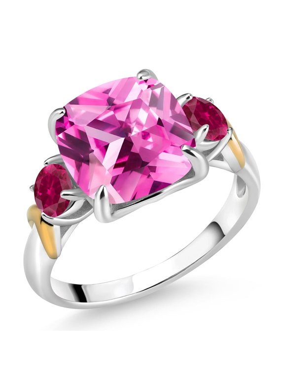 925 Silver and 10K Yellow Gold Pink Created Sapphire and Red Created Ruby 3 Stone Ring for Women (5.30 Cttw, Gemstone September Birthstone, Cushion 10MM, Round 4MM, Size 8)