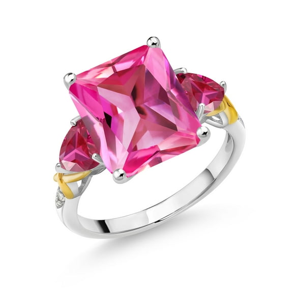 Gem Stone King 925 Silver and 10K Yellow Gold Pink Created Sapphire Red Created Ruby and Diamond 3 Stone Ring for Women (7.48 Cttw, September Birthstone, Emerald Cut 12X10MM, Size 5)