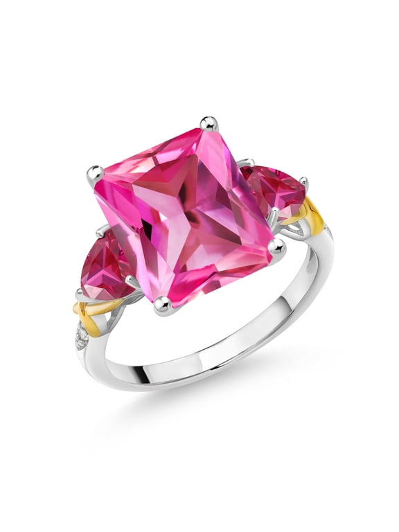 925 Silver and 10K Yellow Gold Pink Created Sapphire Red Created Ruby and Diamond 3 Stone Ring for Women (7.48 Cttw, September Birthstone, Emerald Cut 12X10MM, Size 6)