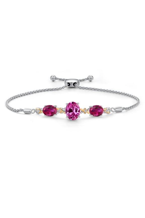 925 Silver & 10K Yellow Gold Pink Created Sapphire Red Created Ruby & Lab Grown Diamond Bracelet for Women | 6.01 Cttw | September Birthstone | Oval 10X8MM and 8X6MM | Fully Adjustable 9 inch