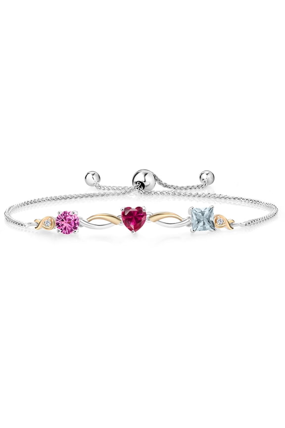 925 Silver and 10K Yellow Gold Pink Created Sapphire Red Created Ruby Sky Blue Aquamarine and Lab Grown Diamond Tennis Bracelet for Women By Keren Hanan (2.01 cttw, Adjustable up To 9 inch)
