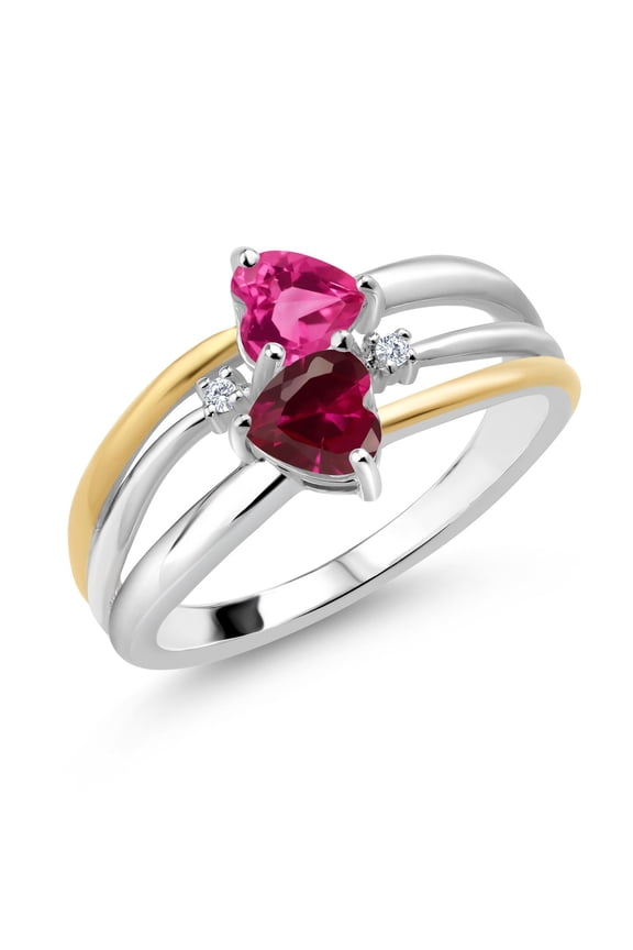 925 Silver and 10K Yellow Gold Pink Created Sapphire and Red Created Ruby and White Lab Grown Diamond Band Ring for Women (1.22 Cttw, Gemstone September Birthstone, Heart Shape 5MM, Size 5)