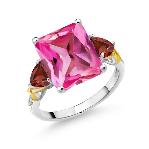 Gem Stone King 925 Silver and 10K Yellow Gold Pink Created Sapphire Red Garnet and Diamond 3 Stone Ring for Women (7.70 Cttw, Gemstone September Birthstone, Emerald Cut 12X10MM, Size 7)